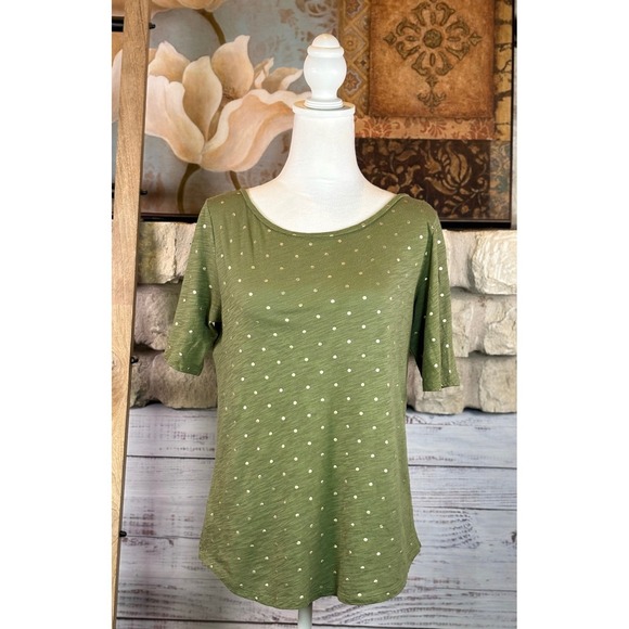 LOFT Tops - Loft Outlet Green Gold Polka Dot Cotton Slub Short Sleeve Top Small